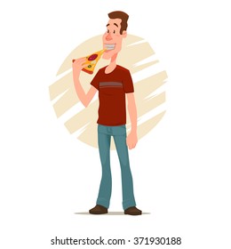 man eating a big slice of pizza and  holding pizza in box, cartoon character, vector illustration