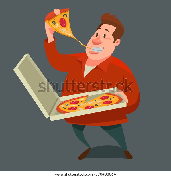 大きなスライスのピザを食べ 箱にピザを持つ男性 漫画のキャラクター