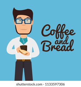 man eating bread and coffee