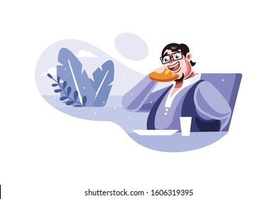 Man Eating Bread Office Table Vector Illustration