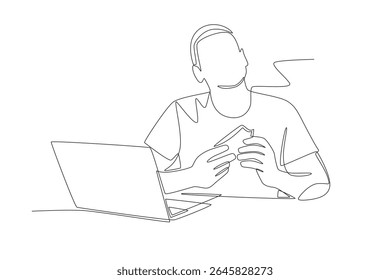 Man eating bread while playing laptop. Everyday activities at home concept one-line drawing