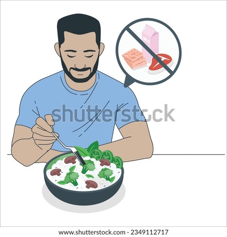 Man eating breakfast fruit salad with Nonvegan Ban icon. Guy Enjoying Delicious Vegetable Salad Standing With bowl. Healthy Nutrition, Dinner Delivery Concept. man eating fresh vegetable salad. 2317