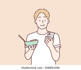 Man Eating Breakfast Whilst Checking Mobile Phone. Hand drawn style vector design illustrations.