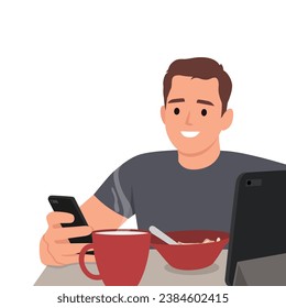 Hombre Comiendo Desayuno Mientras Verifica El Teléfono Móvil. Ilustración vectorial plana aislada en fondo blanco