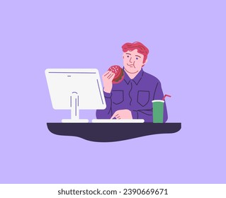 Man eating burger at the computer, vector illustration. Male character snacking on fast food at his workplace. Drawing in cartoon flat style. Sandwich, glass with drink and monitor on the desk.