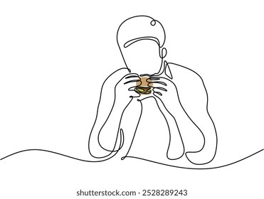 O homem está comendo um desenho de linha contínua de hambúrguer. Conceito de comida e bebida. Ilustração de vetor minimalista isolada no fundo branco.