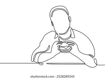 O homem está comendo um desenho de linha contínua de hambúrguer. Conceito de comida e bebida. Ilustração de vetor minimalista isolada no fundo branco.