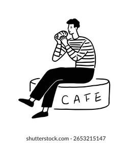 A man eating a burger or sandwich while sitting on a stool outside a cafe. Minimalist line art illustration of a person enjoying a casual lunch.