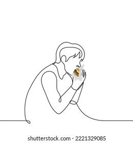 Man Eating Burger In Wrapping Paper - One Line Drawing Vector. Concept Satisfy Hunger