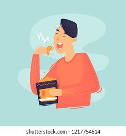 Man eating chips. Junk food. Flat design vector illustration