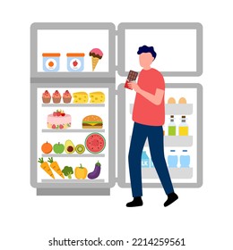 Man eating chocolate in an open refrigerator in flat on white background.