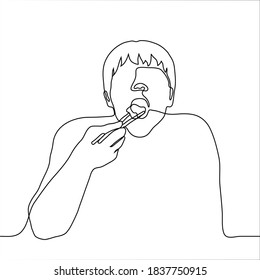 man eating with chopsticks. one line drawing of a man with his mouth wide open puts a large piece of food in his mouth using chopsticks
