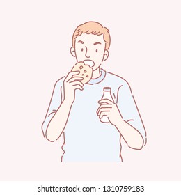 Man eating cookie and holding a bottle of milk in line art