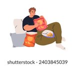 Man eating crisps, fast junk food. Person overeating fastfood, potato chips, excessive fat snacks. Hungry character and gluttony, hunger. Flat graphic vector illustration isolated on white background
