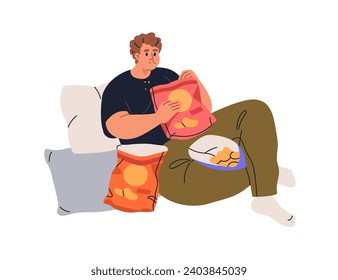 Man eating crisps, fast junk food. Person overeating fastfood, potato chips, excessive fat snacks. Hungry character and gluttony, hunger. Flat graphic vector illustration isolated on white background