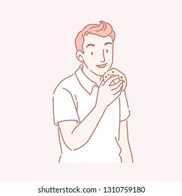 Man eating delicious doughnut in line art
