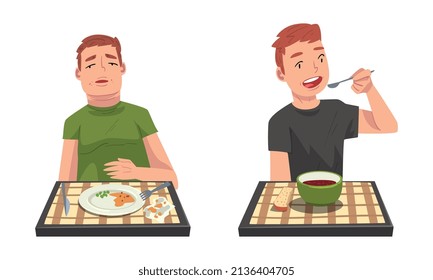 Man Eating Delicious Meal from Plate Sitting at Table with Checkered Tablecloth Vector Set