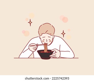 el hombre está comiendo deliciosos fideos. Ilustraciones de diseño vectorial de estilo dibujado a mano.