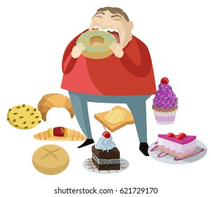 man with eating disorder eat sugar dessert bakery products