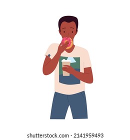 Man eating donut and drinking coffee outside vector illustration. Cartoon hungry male character standing, holding paper cup with hot drink and sweet dessert isolated on white. Fast food concept