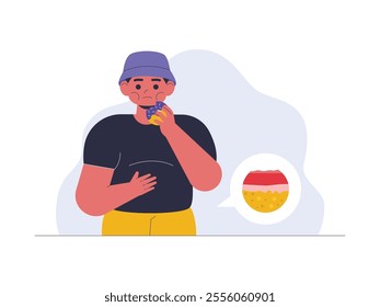 A man is eating a donut, his stomach is bloated, indicating a lot of fat accumulation in his body, vector illustration of a health problem.