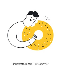 Der Mensch isst einen Donut, der das Konzept verderbt. Ermutigung, Förderung oder Stimulation, Benutzerfreundlichkeit, Pause-Zeit-Icon-Konzept. Cute Cartoon lineares Design, flache einzelne Vektorgrafik auf Weiß	