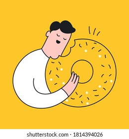 Der Mensch isst einen Donut, der das Konzept verderbt. Ermutigung, Förderung oder Stimulation, Benutzerfreundlichkeit, Pause-Zeit-Icon-Konzept. Cute Cartoon lineares Design, flache einzelne Vektorgrafik auf Gelb