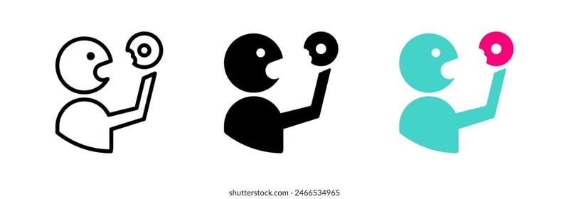 Mann isst Donut-Vektorillustration. Cafe-Logo. Emblem des Coffee Shops. Symbol für Fettleibigkeit. Völlerei-Symbol isoliert.