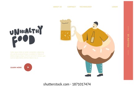 Man Eating Fast Food Enjoying Outdoor Festival Landing Page Template. Fat Male Character with Huge Donut on Belly Holding Beer Mug. Unhealthy Eating, Obesity Concept. Linear Vector Illustration