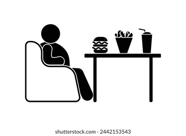 hombre comiendo comida rápida, ícono hombre gordo en una silla, dieta no saludable y obesidad, estilo de vida sedentario