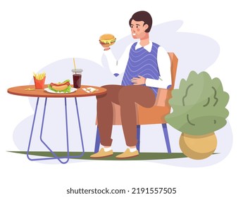 Man eating fastfood. Unhealthy eating. Hamburger, hot dog, french fries. Fat. Harmful food.