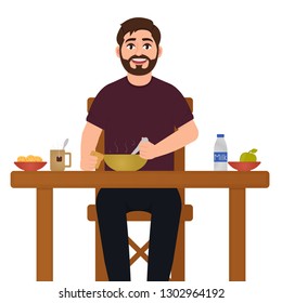 A man is eating food, a happy bearded man is sitting at the table and having lunch, eating vector illustration, character in cartoon style