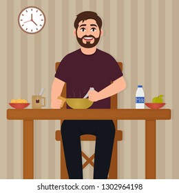 Man eating food, happy bearded man sitting at the table and having lunch, eating vector illustration, character in cartoon style