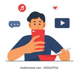 Man is Eating Food and Watching Mobile Phone on the Same Time.