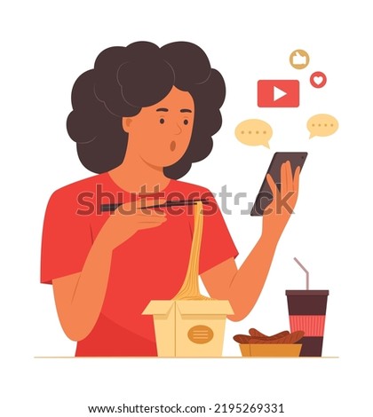 Man Eating Food While Watching Online Content on Mobile Phone