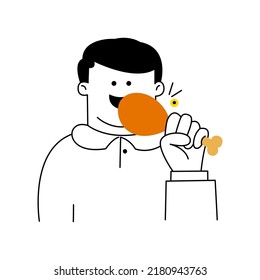 Man eating fried chicken leg. Outline, linear, thin line, doodle art. Simple style with editable stroke.