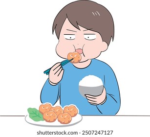 man eating fried chicken and rice