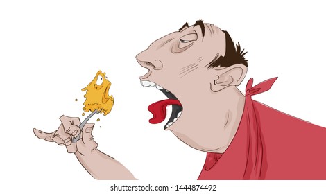 Man eating funny cartoon Vector. Chubby man holding a fork with food