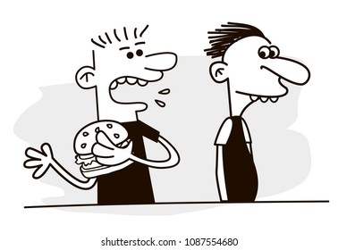 Man eating hamburger. Funny vector. Bad habits.