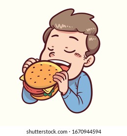 man eating a hamburger happily