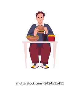 Man eating hamburger, hot dog, french fries and soda. Eating disorder, Fast food addiction vector illustration. Unhealthy fat junk food. Hungry character and gluttony, bad eating habit