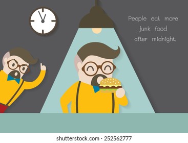 Man eating hamburger at night vector cartoon.