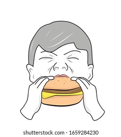 man eating a hamburger. unhealthy food. vector illustration.