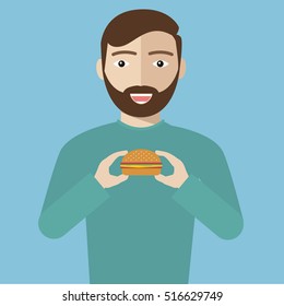 Man eating hamburger vector flat design illustration isolated on white background. Vertical layout