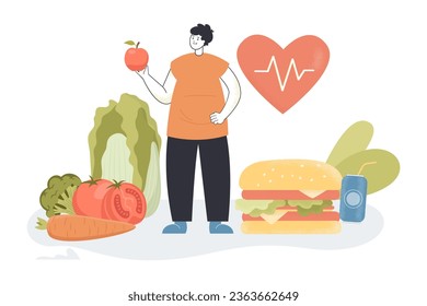 Man eating healthy food instead of junk food vector illustration. Cartoon drawing of overweight man with apple and huge hamburger and vegetables. Healthy lifestyle, diet, nutrition, junk food concept