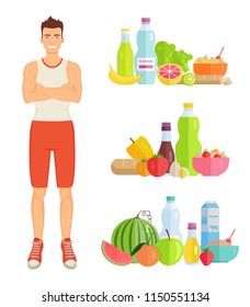 Man eating healthy food isolated icons. Banana and watermelon, bottles with water and milk, eggs and potato, tomatoes and mushrooms consumption vector