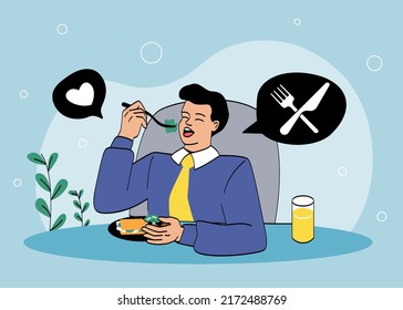 Hombre comiendo su comida. Un hombre sentado a la mesa con traje, con tenedor y un delicioso desayuno. Descanso de almuerzo en la oficina. Empleado comiendo bocadillos. Concepto de dieta saludable. Dibujo vectorial plano de dibujos animados.