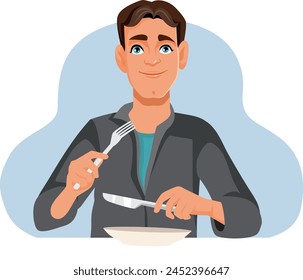 
Man Eating Holding Fork and Knife Vector Illustration
Restaurant customer having appetite having conscious eating habits
