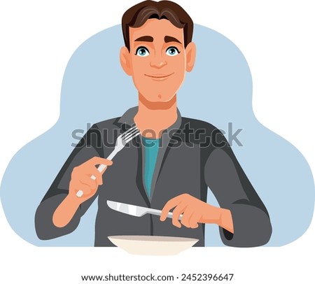 
Man Eating Holding Fork and Knife Vector Illustration
Restaurant customer having appetite having conscious eating habits

