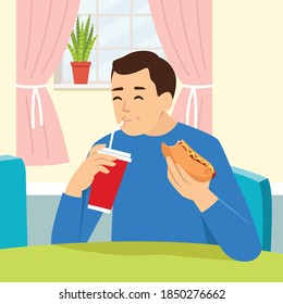 Man eating hot dog and drink soda in the living room. Character eating junk food